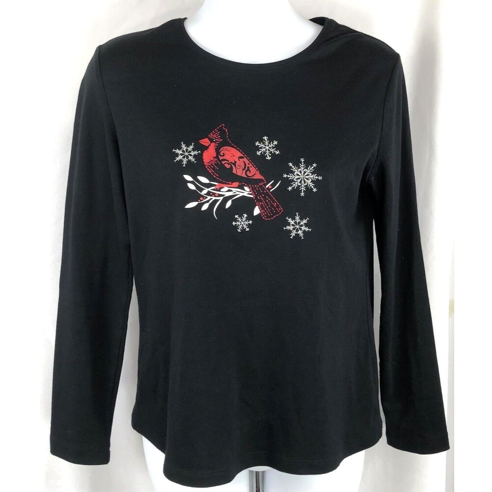Croft Barrow Jersey top PS black cardinal bird appliqué snowflakes long sleeve